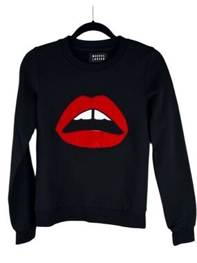Markus Lupfer Black Red Velvet Lip Print Long Sleeve Sweatshirt Size Small
